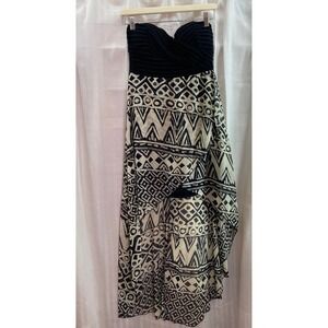 Black and Tan Tribal Print Strapless Maxi Dress Hi Low Boho‎ Geometric Flowy